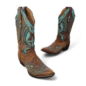 J.B. Dillon Turquoise Cross Inlay Western Cowgirl Boots Brown Goat Leather 6.5B